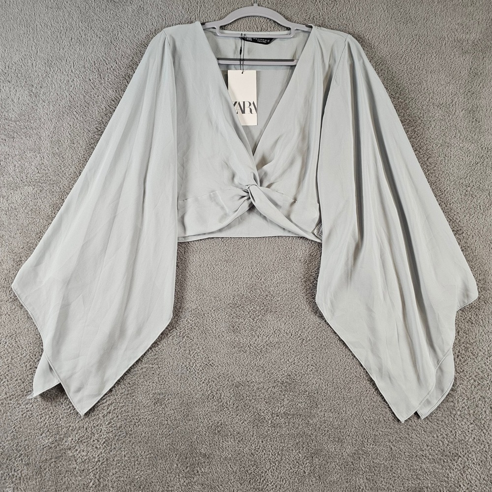 Zara Twist Front Crop Top Light Blue Grey Wide Kimono Sleeve XS NEW